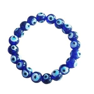 Glass Blue Evil Eye Stretchy Beaded Bracelet